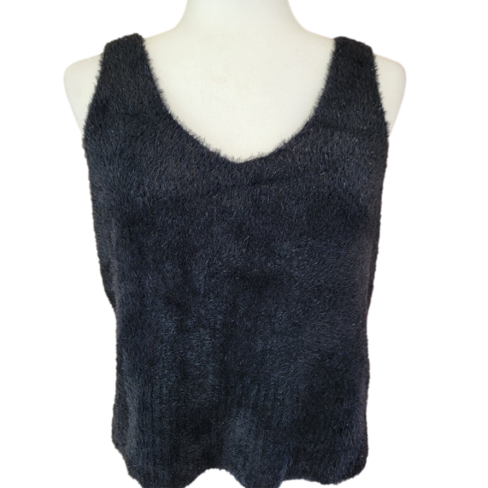 A New Day Black Fuzzy Sleeveless Crop Tank Top Size XL EUC